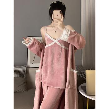 珊瑚絨睡衣女秋冬季性感吊帶睡衣蕾絲純欲風長袖睡袍家居服三件套