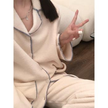 日系睡衣澳粒絨加厚慵懶長袖長褲純色ins韓風秋冬毛絨女士家居服