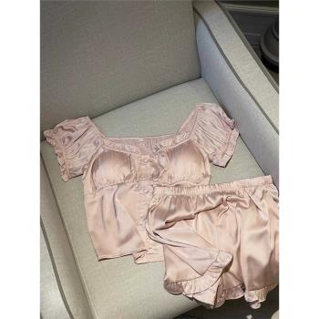 帶胸墊睡衣女夏天冰絲短袖性感純欲風2024新款夏季法式家居服套裝