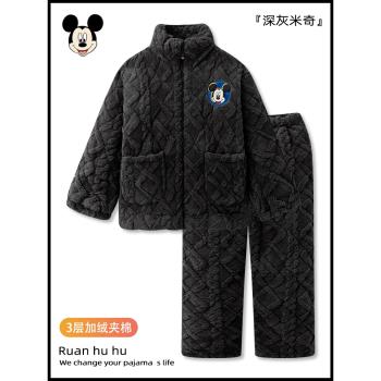 米奇珊瑚絨三層夾棉情侶睡衣女款冬季2023新款加厚加絨家居服男生