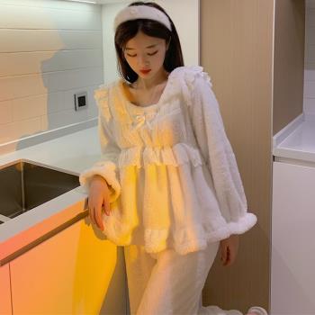 可愛蕾絲珊瑚絨睡衣女2024年新款秋冬季加絨加厚長毛絨保暖家居服