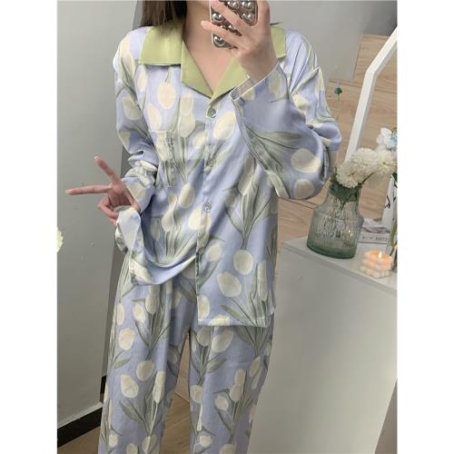 春秋季油畫氛圍感郁金香人字紋冰雪絲絲滑睡衣女寬松絲綢家居服