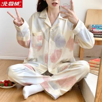 北極絨睡衣女士春秋季純棉長袖套裝大碼可外穿簡約薄款夏天家居服