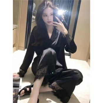 新款睡衣女春秋蕾絲長袖甜美公主風開衫冰絲薄款家居服兩件套套裝
