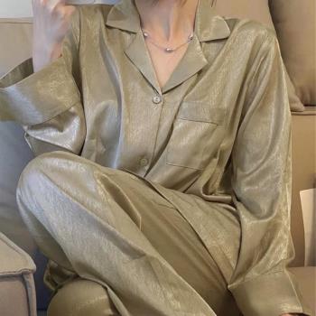 新款絲綢冰絲睡衣女春秋季開衫長袖長褲甜美學生網紅風家居服套裝