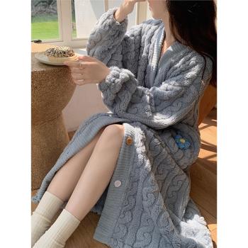 法蘭絨睡袍女秋冬加絨加厚開衫長款大碼珊瑚絨浴袍保暖家居服套裝