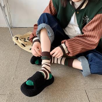 秋冬季橫條紋粗針線女襪襪子女中筒襪運動百搭棉襪ins潮堆堆長襪