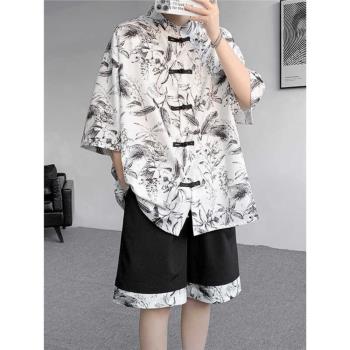 薄款中式中國風冰絲睡衣男士夏季盤扣復古家居服寬松加肥加大套裝