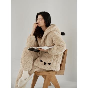 軒之婷【超柔軟】加厚睡衣女冬季三層夾棉珊瑚絨家居服可愛連帽