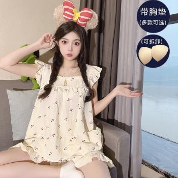 夏季可愛小櫻桃少女帶胸墊睡衣吊帶薄2024年新款小個子家居服套裝