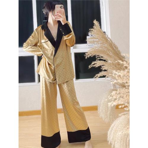 2023秋冬新品燙銀金鉆絨絲絨純色三件套奢居家服時尚翻領睡衣套裝