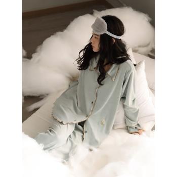 曼系珊瑚絨女士睡衣保暖海島絨時尚寬松開衫純色家居服秋冬季套裝