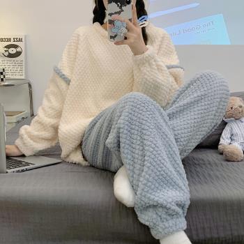 珊瑚絨睡衣女冬款加絨加厚藍色2022年新款秋冬季法蘭絨毛絨冬天