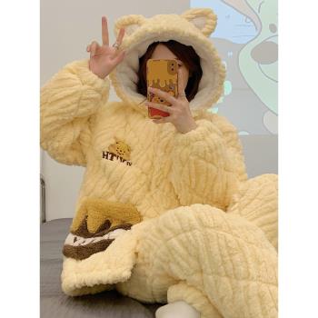 睡衣女秋冬季天家居服珊瑚絨三層夾棉冬天法蘭絨加絨加厚保暖套裝