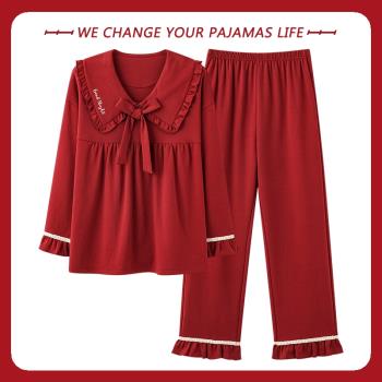 北極絨春秋季睡衣女長袖紅色本命年可愛純棉公主風家居服兩件套裝