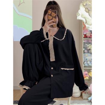 春秋款娃娃領純棉長袖睡衣女加肥加大碼300斤甜美薄款家居服套裝