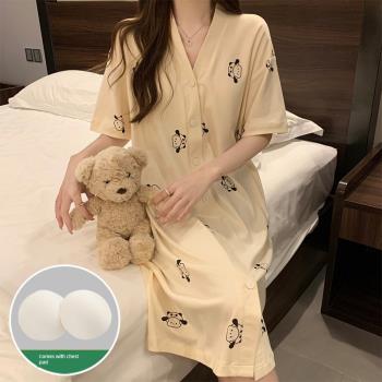 開衫睡裙夏季女款純棉睡衣帶胸墊防走光睡袍浴袍舒適大碼家居服