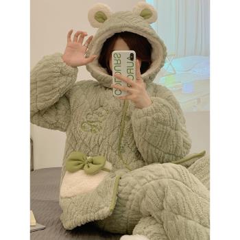 睡衣女家居服秋冬季冬天款三層夾棉法蘭絨加厚加絨珊瑚絨大碼保暖