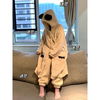 珊瑚絨睡衣女秋冬季加厚保暖網紅2024年新款卡通連帽冬天睡袍套裝