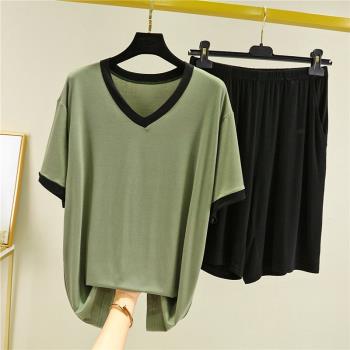 短袖短褲睡衣夏季薄款加肥家居服V領男士加大套裝外穿寬松莫代爾