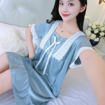 夏季冰絲睡裙女性感睡衣短袖薄款公主風甜美可愛寬松家居服可外穿