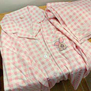 皮傑豬睡衣女秋季純棉長袖格子春秋款可愛學生日系家居服套裝冬天