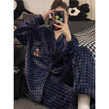 韓國情侶睡衣女秋冬季珊瑚絨加厚可愛男士簡約卡通休閑格子家居服