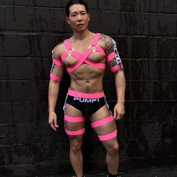 時尚尚男士捆綁繃帶健身秀肌肉胸帶塑身連體衣塑型神器男用gay