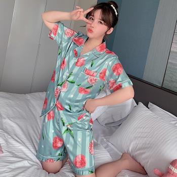 女夏天短袖可愛日系模擬絲綢睡衣