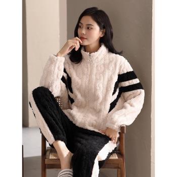 多拉美睡衣女冬款珊瑚絨加厚加絨拉鏈法蘭絨可外穿家居服冬季套裝