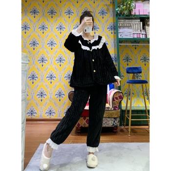 秋冬季韓版加厚黑色可愛珊瑚法蘭絨睡衣女寬松外穿家居服兩件套裝