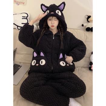 睡衣女秋冬季三層加厚珊瑚絨夾棉新款雲朵狗法蘭絨家居服開衫套裝