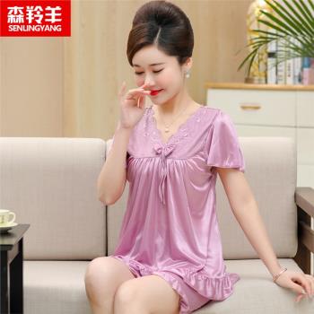 女士家居服模擬絲綢中年媽媽睡衣