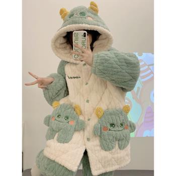 綠色睡衣女秋冬季三層加厚珊瑚絨夾棉新款大毛怪法蘭絨家居服套裝