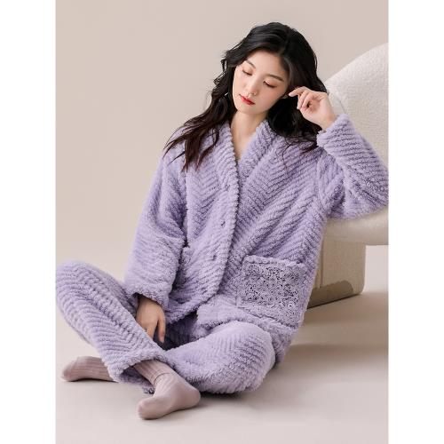 女士睡衣秋冬款加厚加絨珊瑚絨套裝可外穿大碼秋冬季法蘭絨家居服
