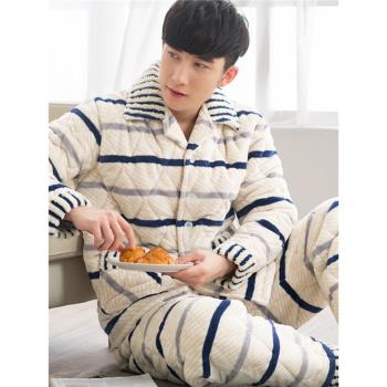 睡衣男士冬季加厚加絨保暖珊瑚絨夾棉中年法蘭絨秋冬款家居服套裝