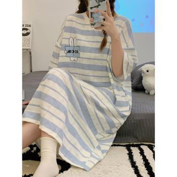 夏季短袖條紋睡裙女士2023年新款夏天薄款可愛寬松純棉家居服睡衣