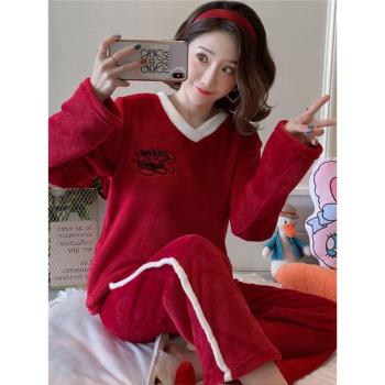 新款珊瑚絨睡衣女秋冬季加厚法蘭絨大碼胖mm200斤學生家居服套裝