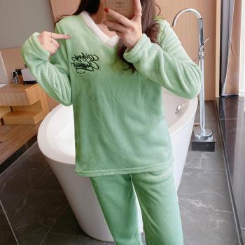 秋冬季200斤胖mm大碼珊瑚絨睡衣女學生宿舍加厚保暖V領家居服套裝