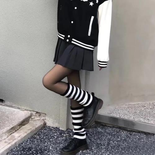 黑白條紋小腿襪套JK堆堆襪女冬保暖中筒腿套日系Lolita學院風襪套