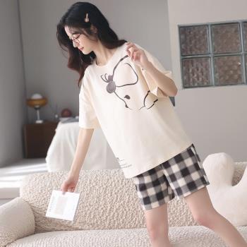 夏女純棉短袖短褲可愛卡通睡衣