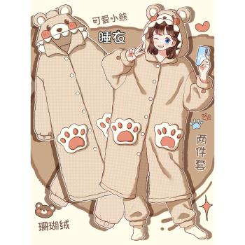 懶懶熊！珊瑚絨睡袍女秋冬季加絨加厚學生可愛毛絨睡衣大碼家居服