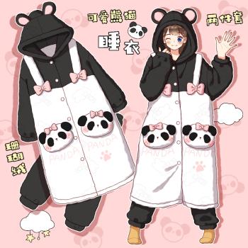 小熊貓！珊瑚絨睡袍女秋冬新款加絨加厚可愛睡衣法蘭絨家居服套裝