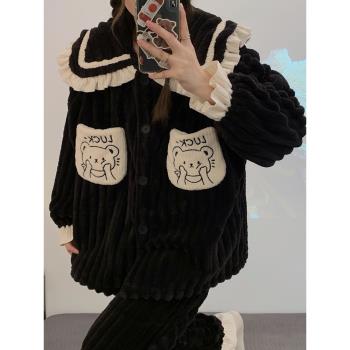 加厚珊瑚絨睡衣女春秋冬季2023年新款鼠耳朵法蘭絨家居服開衫套裝