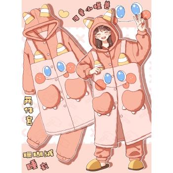 小怪獸日系可愛珊瑚絨女長款睡衣