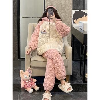 珊瑚絨睡衣女秋冬季夾棉三層加厚可外穿連帽法蘭絨大碼家居服套裝