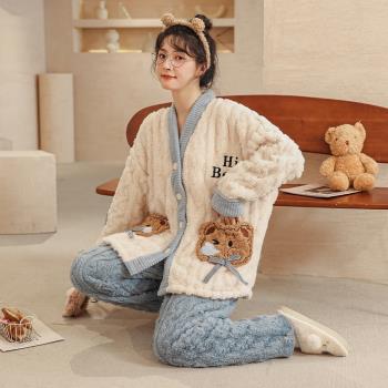 睡衣女秋冬季珊瑚絨加厚加絨胖mm200斤女士法蘭絨家居服特大碼5XL
