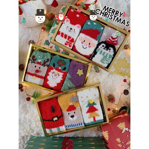 圣誕襪秋冬襪子女地板襪保暖毛圈中筒襪女禮盒卡通可愛月子睡眠襪