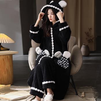 珊瑚絨睡衣女秋冬季加絨加厚睡袍長款可愛網紅風法蘭絨家居服套裝