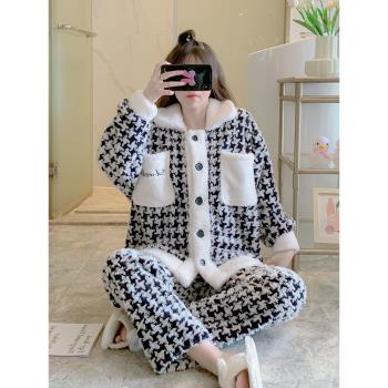 女千鳥格法蘭絨保暖網紅風睡衣